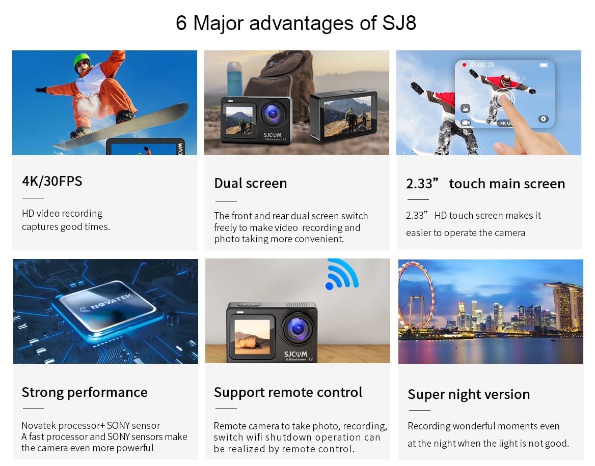 SJCAM SJ8 Dual Screen Sports Action Camera With Mic,2.33'/1.3' Dual Touch Screen Super Night Vision