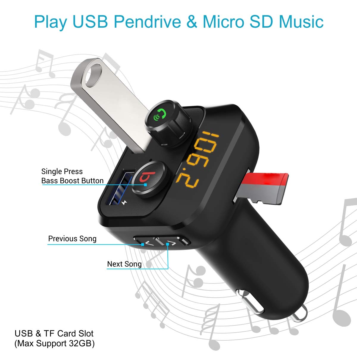 Car Charger MP3 Player Bluetooth-compatible FM Adapter 3 Charging