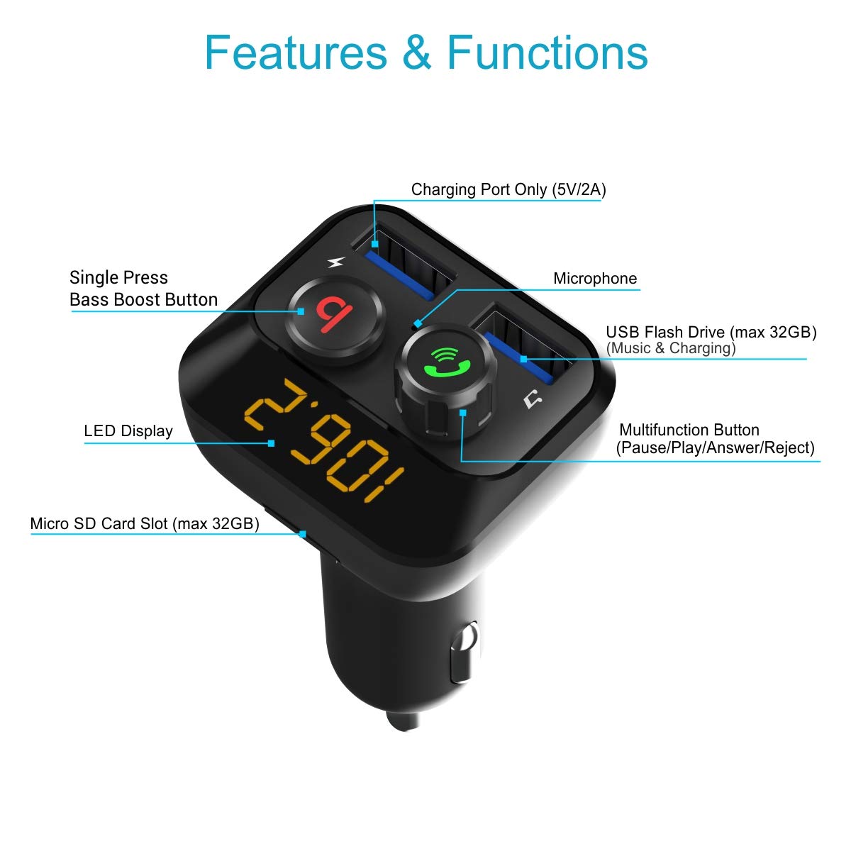 VeeDee Tvara T60 Bluetooth FM Transmitter Wireless Bluetooth Car Adapter,  AUX Radio Receiver, Handsfree Call, USB & Type-C Car Charger, 7 Color