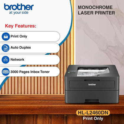 Brother HL-L2460DN Auto Duplex Laser Printer, 34 PPM Print Speed, LCD Display, 128 MB Memory, LAN, USB, 250 Sheet Paper Tray, 3000 Pages Inbox Toner