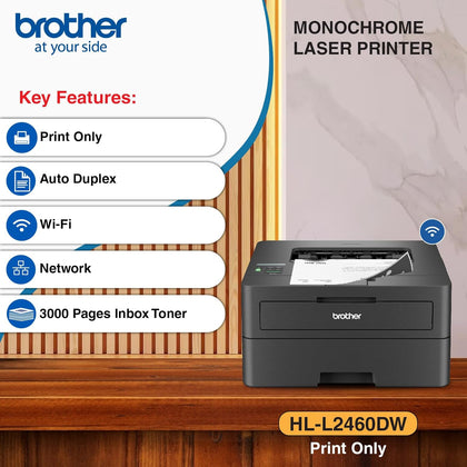 Brother HL-L2460DW Auto Duplex Laser Printer, 34 PPM Print Speed, LCD Display, 128 MB Memory, (WiFi WiFi Direct LAN USB), 250 Sheet Paper Tray, 3000 Pages Inbox Toner