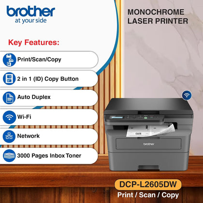 Brother DCP-L2605DW Auto Duplex Laser Printer, 30 PPM, Multifunction Print Scan Copy, LCD Display, 256 MB Memory, (WiFi WiFi Direct LAN USB), 250 Sheet Paper Tray