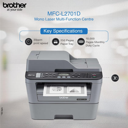 Brother MFC L2701D Auto Duplex Multifunction (Print, Scan, Copy, Fax) Laser Printer With 30 PPM Print Speed, Automatic Document Feeder, 2 in 1 ID Copy Button, 2-line LCD Display, 250 Sheets Paper Tray