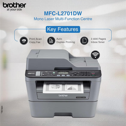 Brother MFC L2701DW WiFi Auto Duplex Laser Printer with 30 PPM Print Speed, Multifunction Print Scan Copy Fax, Automatic Document Feeder, 2 in 1 ID Copy Button, 2-line LCD Display, 250 Sheets Tray