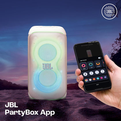 JBL Partybox 320, Portable Bluetooth 240W Party Speaker, AI Sound Boost, Futuristic Light Show, Multispeaker Connection by Auracast, Telescopic Handle & Wheels, Dual Guitar & Mic Inputs (White)