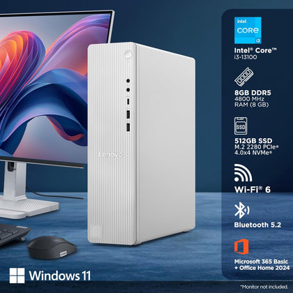 Lenovo IdeaCentre Tower 13th Gen Core i3-13100 (8GB RAM/512GB SSD/Windows 11/ Microsoft 365 Basic + Office Home 2024/Wifi 6/Bluetooth 5.2/USB Calliope Keyboard & Mouse, Black/Grey), 90XS004PIN