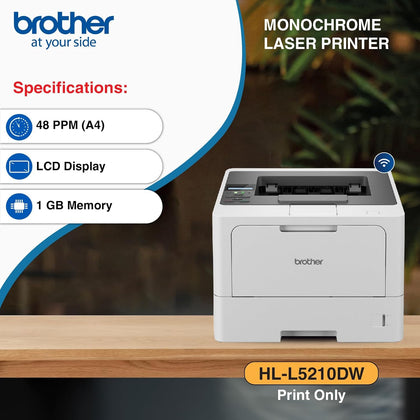 Brother HL-L5210DW Auto Duplex Laser Monochrome Printer, 48 PPM Print Speed, LCD Display, 1 GB Memory, (WiFi WiFi Direct LAN USB), 250 Sheet Paper Tray, 11000 Pages Inbox Toner, White