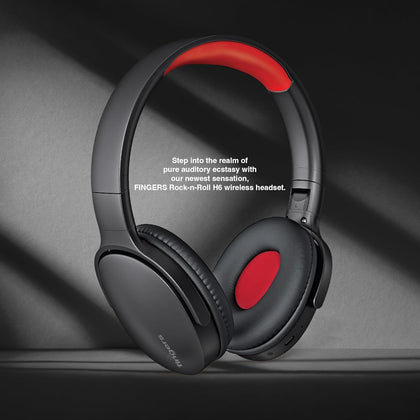 FINGERS Rock-n-Roll H6 On-Ear Bluetooth Headphones with Mic (12 Hours Playtime, 40mm Neodymium Drivers, Leatherette Headband, Bluetooth® v5.4 | FM Radio | MicroSD | AUX)- Soft Black + Rich Red