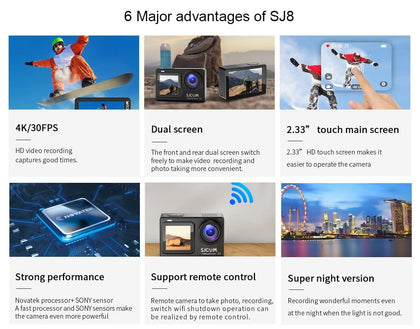 SJCAM SJ8 Dual Screen Sports Action Camera With Mic,2.33'/1.3' Dual Touch Screen Super Night Vision