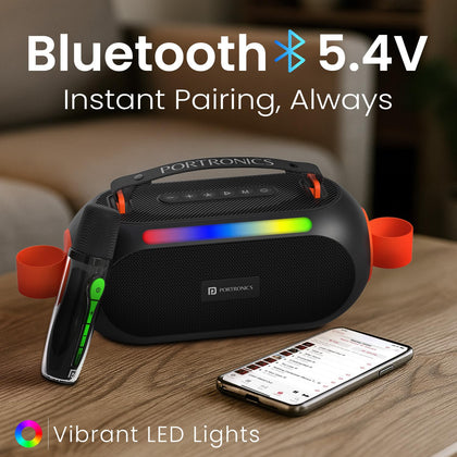 Portronics 25W Apollo 20 Wireless Bluetooth Portable Speaker with Dual Wireless Karaoke Mic, 5 Hour Playtime, RGB LED Light, Bluetooth V5.4, Easy Grab Handle, USB-A Port, Type C Charging(Black)