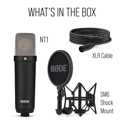 Rode Nt1 Signature Series Large-Diaphragm Condenser Microphone with Shock Mount, Pop Filter and XLR Cable for Music Production, Vocal Recording, Streaming and Podcasting-Black