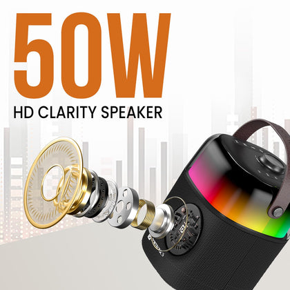 Portronics Dash 4 50W Wireless Bluetooth Party Speaker with Karaoke Mic, Upto 6 Hours Playtime, HD Sound, Bass Boost Technology, EQ Modes, 360° RGB Lights, BT 5.3v, AUX in, Type C Charging(Black)