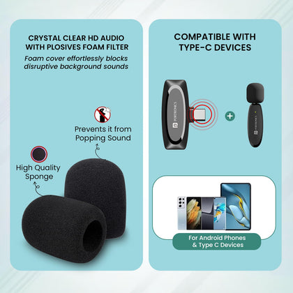Portronics Dash 7 Omnidirectional Type C Wireless Microphone, Noise Cancellation, Plug & Play, Lapel Wireless Mic for Video Recording, Supports Type C Android, iPhone, Camera(Black)