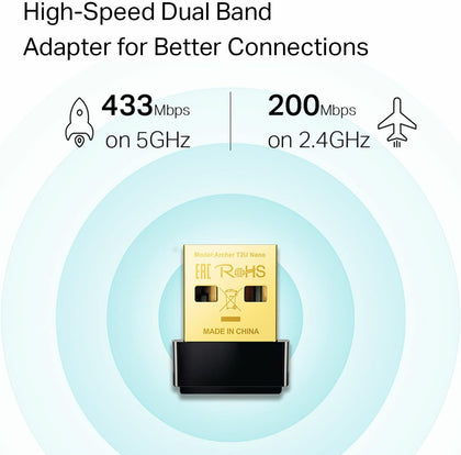 TP-Link Nano AC600 USB Wi-Fi Adapter(Archer T2U Nano)- 2.4G/5G Dual Band Wireless Network Adapter for PC Desktop Laptop, Mini Travel Size, Supports Windows 11,10, 8.1, 8, 7, XP/Mac OS 10.9-10.26