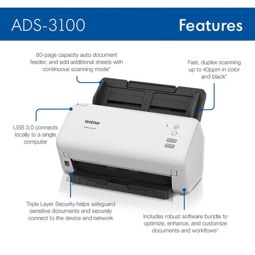 Brother ADS-3100 Desktop Document Scanner 60-sheet ADF - 1year Warranty
